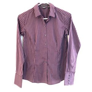 purple and brown pinstripe button down shirt